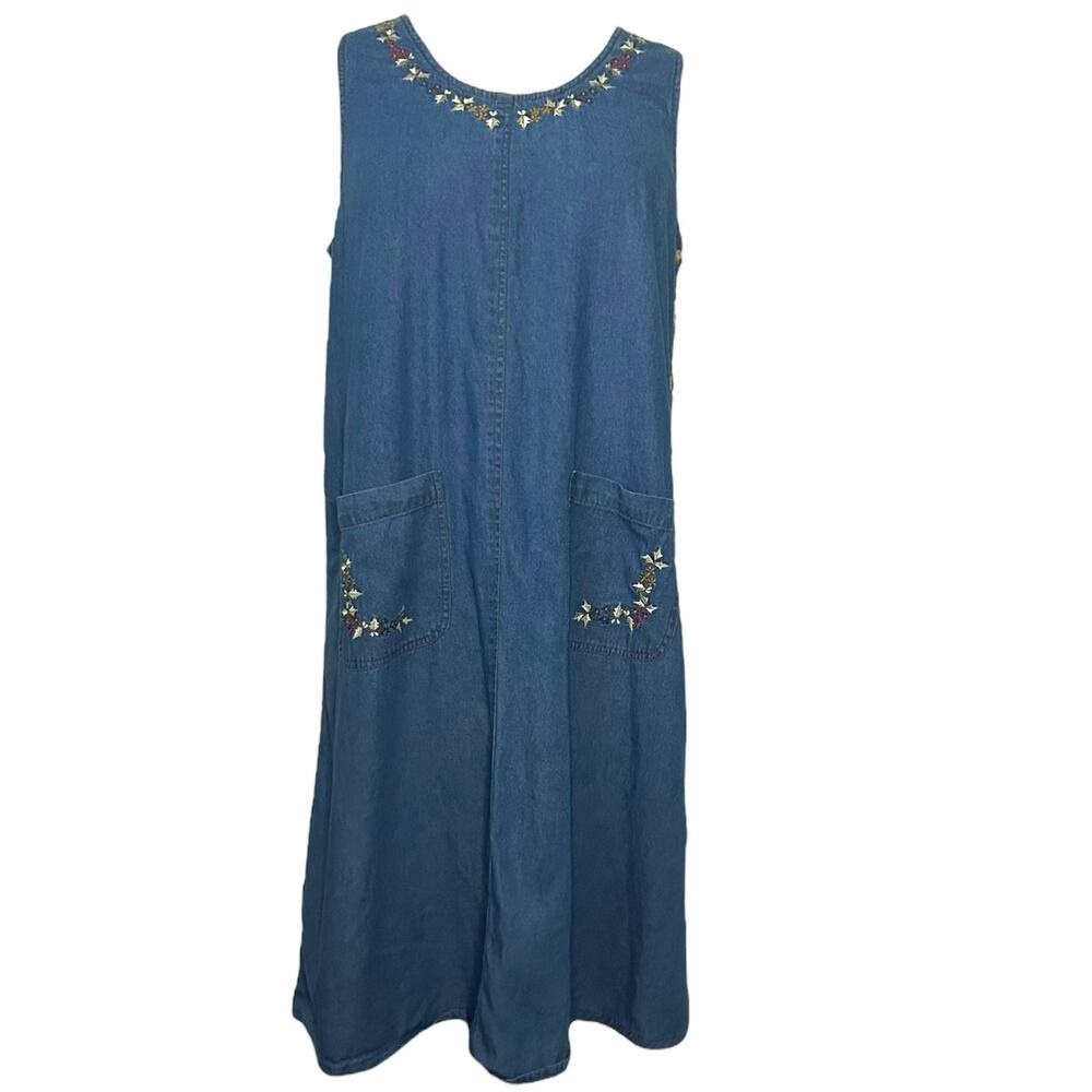 Vintage Denim Cottagecore Embroidered Sleeveless Dress Size LP